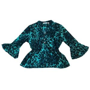 Silky Teal Leopard Print Button up Blouse flare sleeves